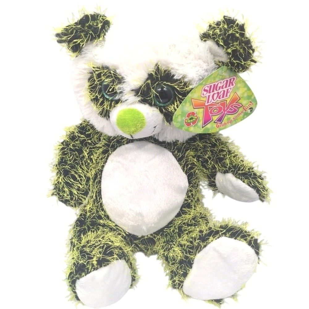 2017 Sugar Loaf Toys Neon Panda Plush Black Green Fuzzy Stuffed Animal 12" NWT